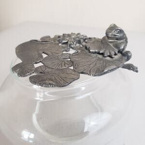 Vtg Metzke‎ 70s Pewter Frog on Lily Pad Lid, Pattern Glass Potpourri Trinket Jar